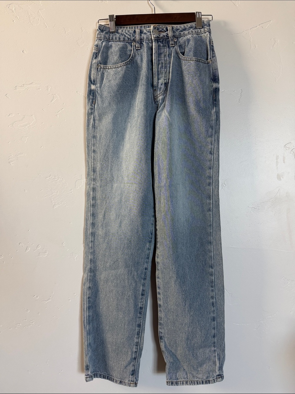 High-Rise Light Blue Wide-Leg Jeans Button Fly Straight Leg Denim 24 100% Cotton